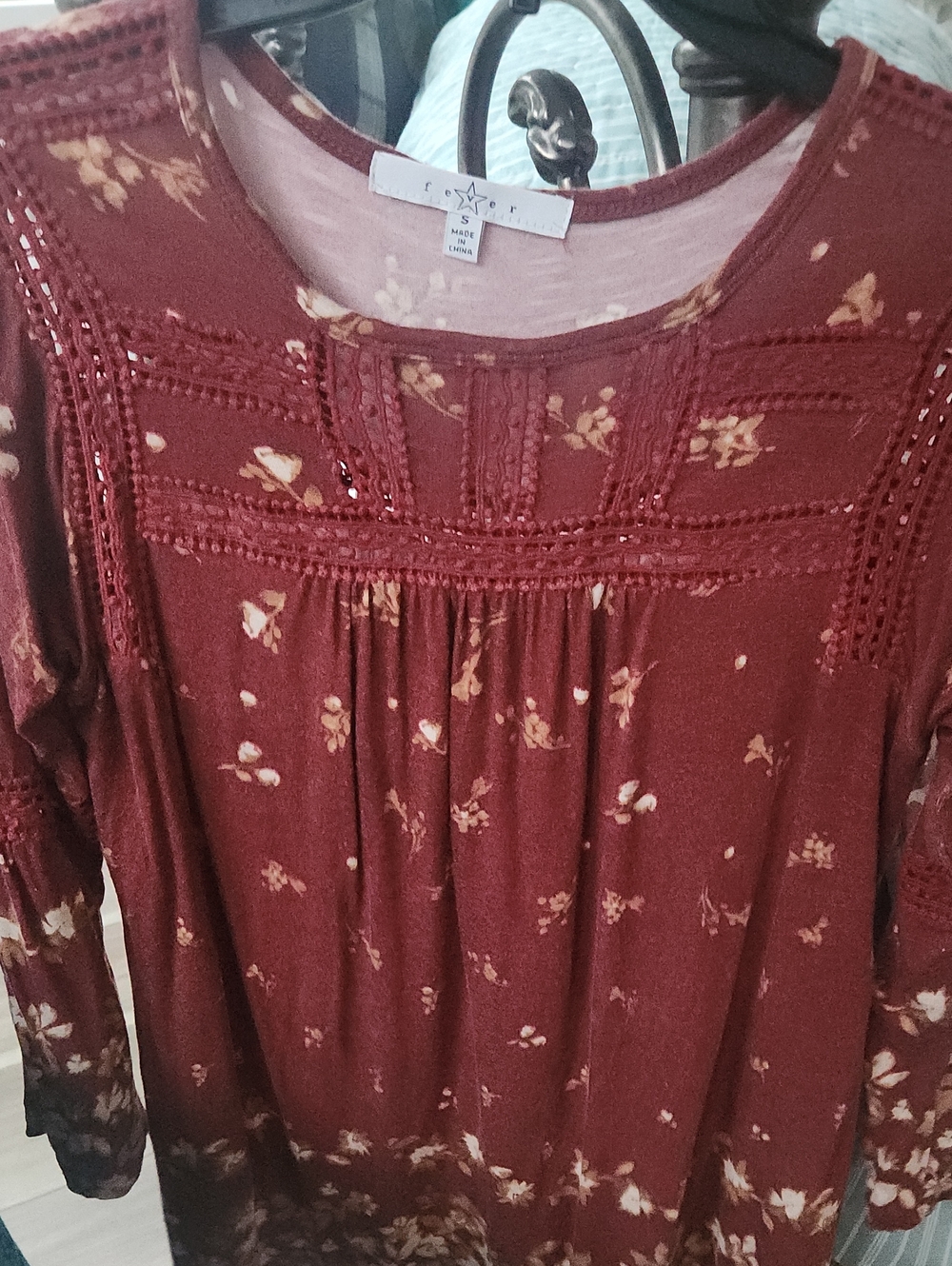 Fever Maroon Floral Crochet Yoke Long Sleeve Top